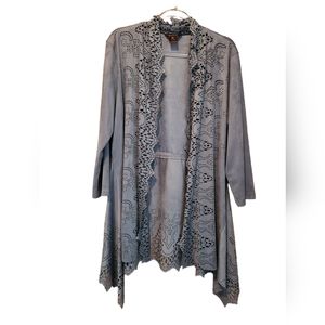 Multiples charcoal gray high-low faux sued cover-up jacket with lace cutouts. XL